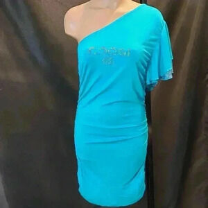 Coogi Layered Flutter Sleeve Fitted Ruched Dress
